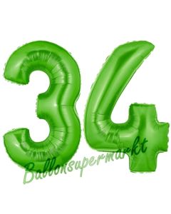 Zahl 34 Grün, Luftballons aus Folie zum 34. Geburtstag, 100 cm, inklusive Helium