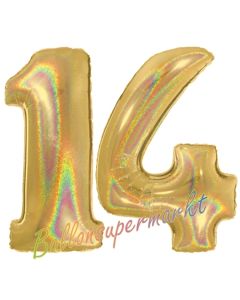 Zahl 14, Holografisch, Gold, Luftballons aus Folie zum 14. Geburtstag, 100 cm, inklusive Helium