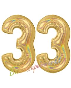 Zahl 33, holografisch, Gold, Luftballons aus Folie zum 33. Geburtstag, 100 cm, inklusive Helium