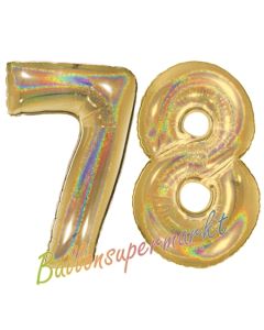 Zahl 78, holografisch, Gold, Luftballons aus Folie zum 78. Geburtstag, 100 cm, inklusive Helium