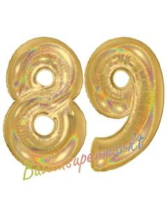 Zahl 89, holografisch, Gold, Luftballons aus Folie zum 89. Geburtstag, 100 cm, inklusive Helium
