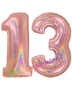 Zahl 13, Holografisch, Rosegold, Luftballons aus Folie zum 13. Geburtstag, 100 cm, inklusive Helium