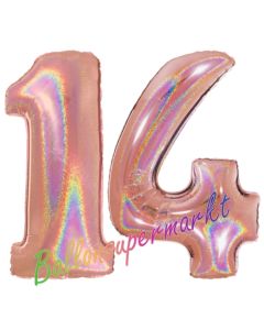 Zahl 14, holografisch, Rosegold, Luftballons aus Folie zum 14. Geburtstag, 100 cm, inklusive Helium