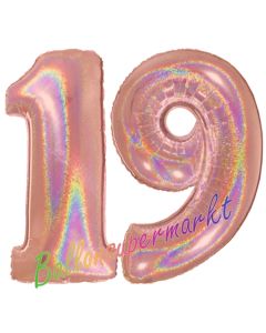 Zahl 19, holografisch, Rosegold, Luftballons aus Folie zum 19. Geburtstag, 100 cm, inklusive Helium