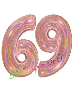 Zahl 69, holografisch, Rosegold, Luftballons aus Folie zum 69. Geburtstag, 100 cm, inklusive Helium