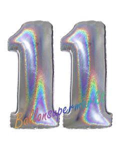 Zahl 11, Holografisch, Silber, Luftballons aus Folie zum 11. Geburtstag, 100 cm, inklusive Helium