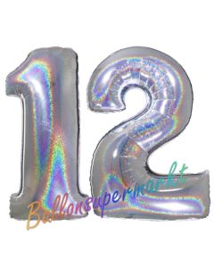Zahl 12, Holografisch, Silber, Luftballons aus Folie zum 12. Geburtstag, 100 cm, inklusive Helium