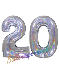 Zahl 20, Holografisch, Silber, Luftballons aus Folie zum 20. Geburtstag, 100 cm, inklusive Helium