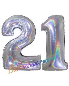 Zahl 21, Holografisch, Silber, Luftballons aus Folie zum 21. Geburtstag, 100 cm, inklusive Helium