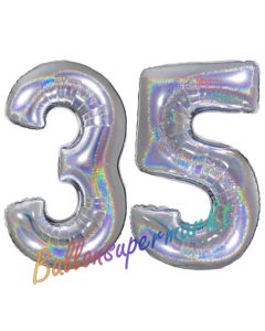 Zahl 35, Holografisch, Silber, Luftballons aus Folie zum 35. Geburtstag, 100 cm, inklusive Helium