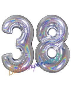 Zahl 38, Holografisch, Silber, Luftballons aus Folie zum 38. Geburtstag, 100 cm, inklusive Helium