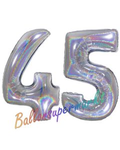Zahl 45, Holografisch, Silber, Luftballons aus Folie zum 45. Geburtstag, 100 cm, inklusive Helium