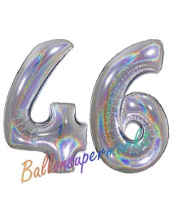 Zahl 46, Holografisch, Silber, Luftballons aus Folie zum 46. Geburtstag, 100 cm, inklusive Helium
