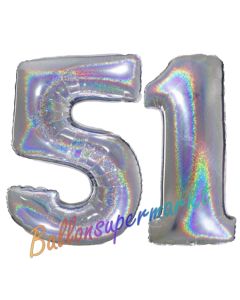 Zahl 51, Holografisch, Silber, Luftballons aus Folie zum 51. Geburtstag, 100 cm, inklusive Helium