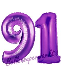 Zahl 91, Lila, Luftballons aus Folie zum 91. Geburtstag, 100 cm, inklusive Helium