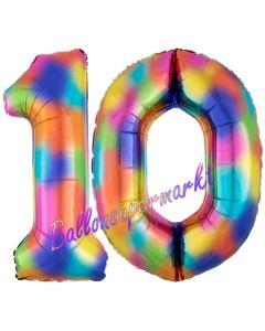 Zahl 10 Regenbogen, Zahlen Luftballons aus Folie zum 10. Geburtstag, inklusive Helium