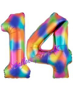 Zahl 14 Regenbogen, Zahlen Luftballons aus Folie zum 14. Geburtstag, inklusive Helium
