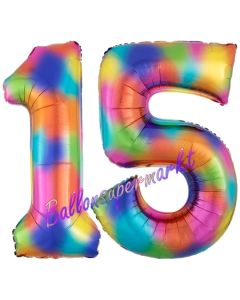 Zahl 15 Regenbogen, Zahlen Luftballons aus Folie zum 15. Geburtstag, inklusive Helium