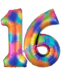 Zahl 16 Regenbogen, Zahlen Luftballons aus Folie zum 16. Geburtstag, inklusive Helium