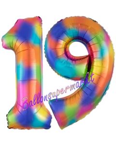 Zahl 19 Regenbogen, Zahlen Luftballons aus Folie zum 19. Geburtstag, inklusive Helium