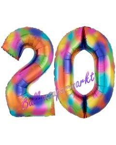 Zahl 20 Regenbogen, Zahlen Luftballons aus Folie zum 20. Geburtstag, inklusive Helium