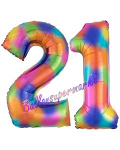 Zahl 21 Regenbogen, Zahlen Luftballons aus Folie zum 21. Geburtstag, inklusive Helium