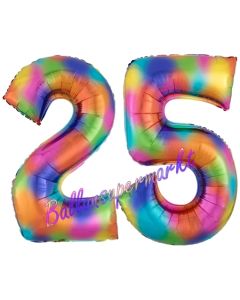Zahl 25 Regenbogen, Zahlen Luftballons aus Folie zum 25. Geburtstag, inklusive Helium
