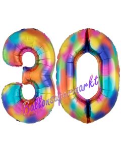 Zahl 30 Regenbogen, Zahlen Luftballons aus Folie zum 30. Geburtstag, inklusive Helium