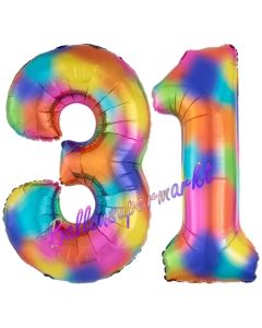 Zahl 31 Regenbogen, Zahlen Luftballons aus Folie zum 31. Geburtstag, inklusive Helium