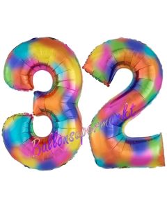 Zahl 32 Regenbogen, Zahlen Luftballons aus Folie zum 32. Geburtstag, inklusive Helium