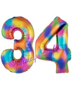 Zahl 34 Regenbogen, Zahlen Luftballons aus Folie zum 34. Geburtstag, inklusive Helium