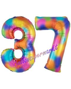 Zahl 37 Regenbogen, Zahlen Luftballons aus Folie zum 37. Geburtstag, inklusive Helium