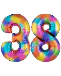Zahl 38 Regenbogen, Zahlen Luftballons aus Folie zum 38. Geburtstag, inklusive Helium