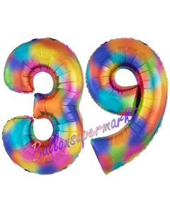 Zahl 39 Regenbogen, Zahlen Luftballons aus Folie zum 39. Geburtstag, inklusive Helium