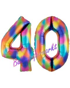 Zahl 40 Regenbogen, Zahlen Luftballons aus Folie zum 40. Geburtstag, inklusive Helium