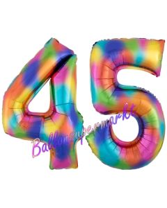 Zahl 45 Regenbogen, Zahlen Luftballons aus Folie zum 45. Geburtstag, inklusive Helium