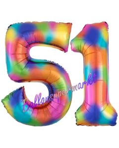 Zahl 51 Regenbogen, Zahlen Luftballons aus Folie zum 51. Geburtstag, inklusive Helium