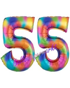 Zahl 55 Regenbogen, Zahlen Luftballons aus Folie zum 55. Geburtstag, inklusive Helium