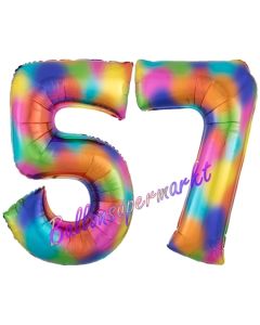 Zahl 57 Regenbogen, Zahlen Luftballons aus Folie zum 57. Geburtstag, inklusive Helium