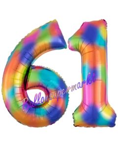 Zahl 61 Regenbogen, Zahlen Luftballons aus Folie zum 61. Geburtstag, inklusive Helium