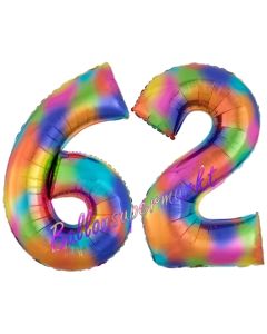 Zahl 62 Regenbogen, Zahlen Luftballons aus Folie zum 62. Geburtstag, inklusive Helium