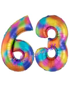 Zahl 63 Regenbogen, Zahlen Luftballons aus Folie zum 63. Geburtstag, inklusive Helium