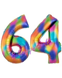 Zahl 64 Regenbogen, Zahlen Luftballons aus Folie zum 64. Geburtstag, inklusive Helium