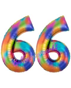 Zahl 66 Regenbogen, Zahlen Luftballons aus Folie zum 66. Geburtstag, inklusive Helium