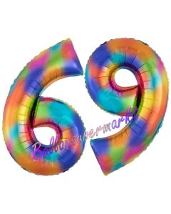 Zahl 69 Regenbogen, Zahlen Luftballons aus Folie zum 69. Geburtstag, inklusive Helium