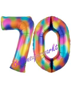 Zahl 70 Regenbogen, Zahlen Luftballons aus Folie zum 70. Geburtstag, inklusive Helium