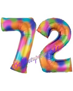 Zahl 72 Regenbogen, Zahlen Luftballons aus Folie zum 72. Geburtstag, inklusive Helium