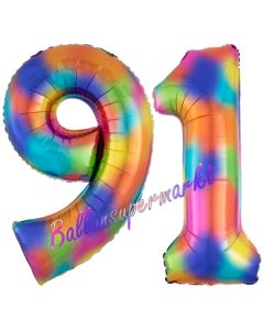 Zahl 91 Regenbogen, Zahlen Luftballons aus Folie zum 91. Geburtstag, inklusive Helium