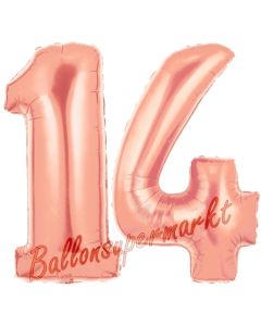 Zahl 14 Rose Gold, Luftballons aus Folie zum 14. Geburtstag, 100 cm, inklusive Helium
