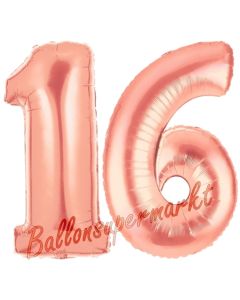 Zahl 16, Rosegold, Luftballons aus Folie zum 16. Geburtstag, 100 cm, inklusive Helium